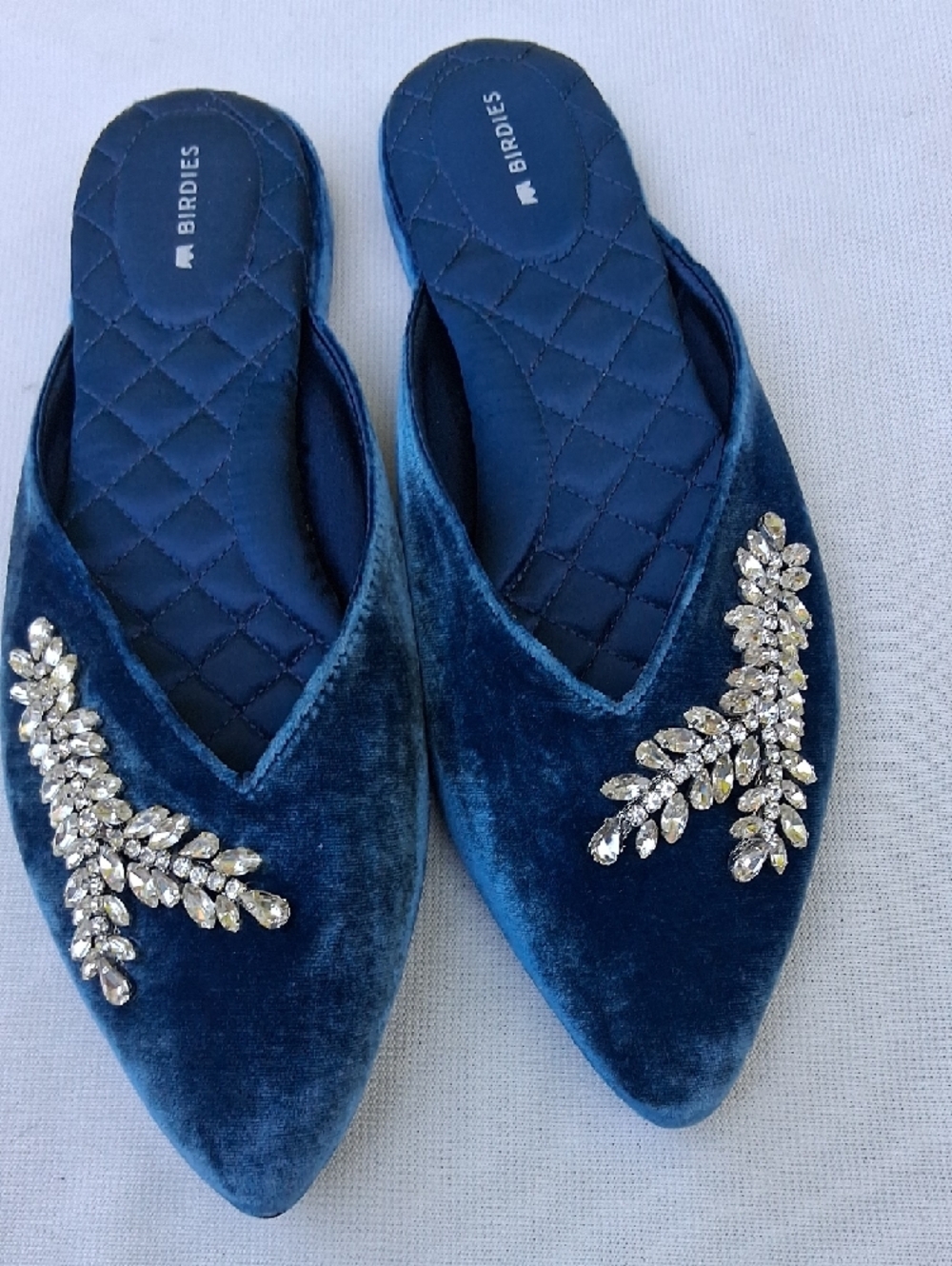 Birdies Deep Blue Velvet Crystal-Embellished Pointed Mules - Picture 4 of 16